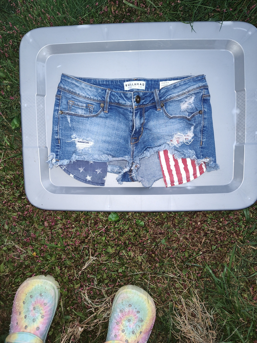 Bullhead Blue Distressed Denim Shorts with Flag Patch Detail